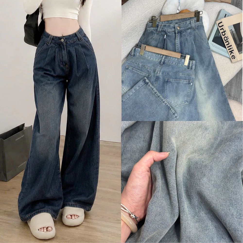 Quần jeans ống rộng bigsize nữ cạp cao chất mềm không co giãn dáng basic dễ phối đồ - Q590
