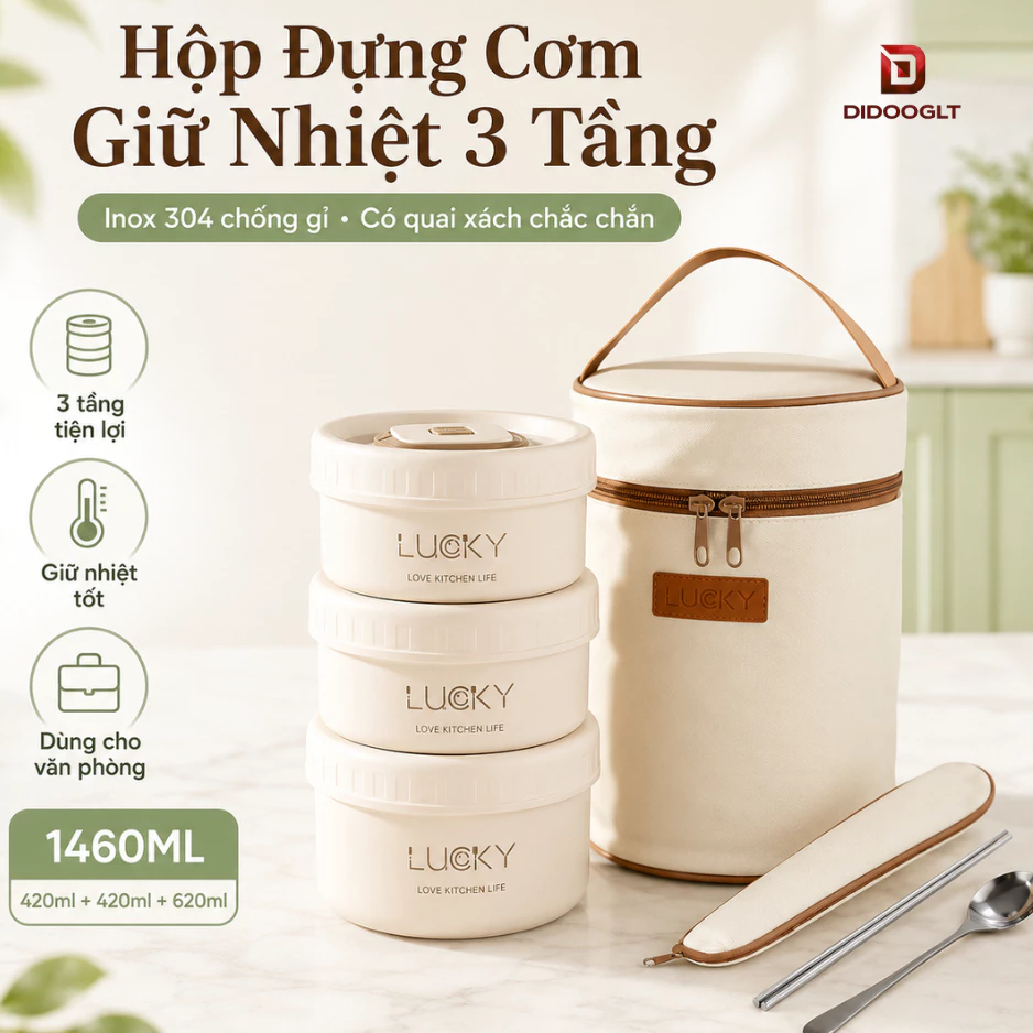 Hộp Đựng Cơm Giữ Nhiệt DIDOOGLT 3 Tầng Inox 304, Lunch Box Văn Phòng Có Quai Xách Chắc Chắn
