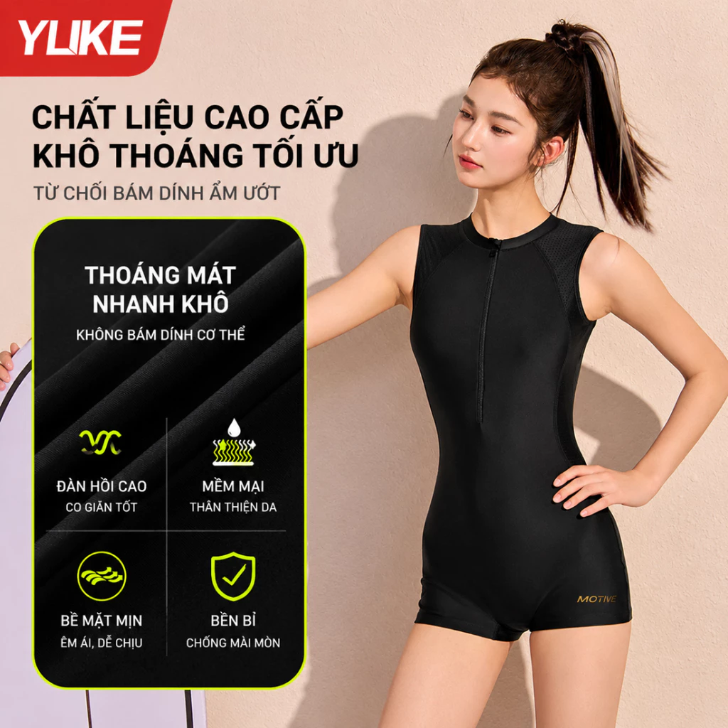 Đồ bơi nữ kín đáo 1 mảnh thể thao, Đồ bơi liền thân ôm body tôn dáng, quần đùi 2 lớp YUKE - YY1973