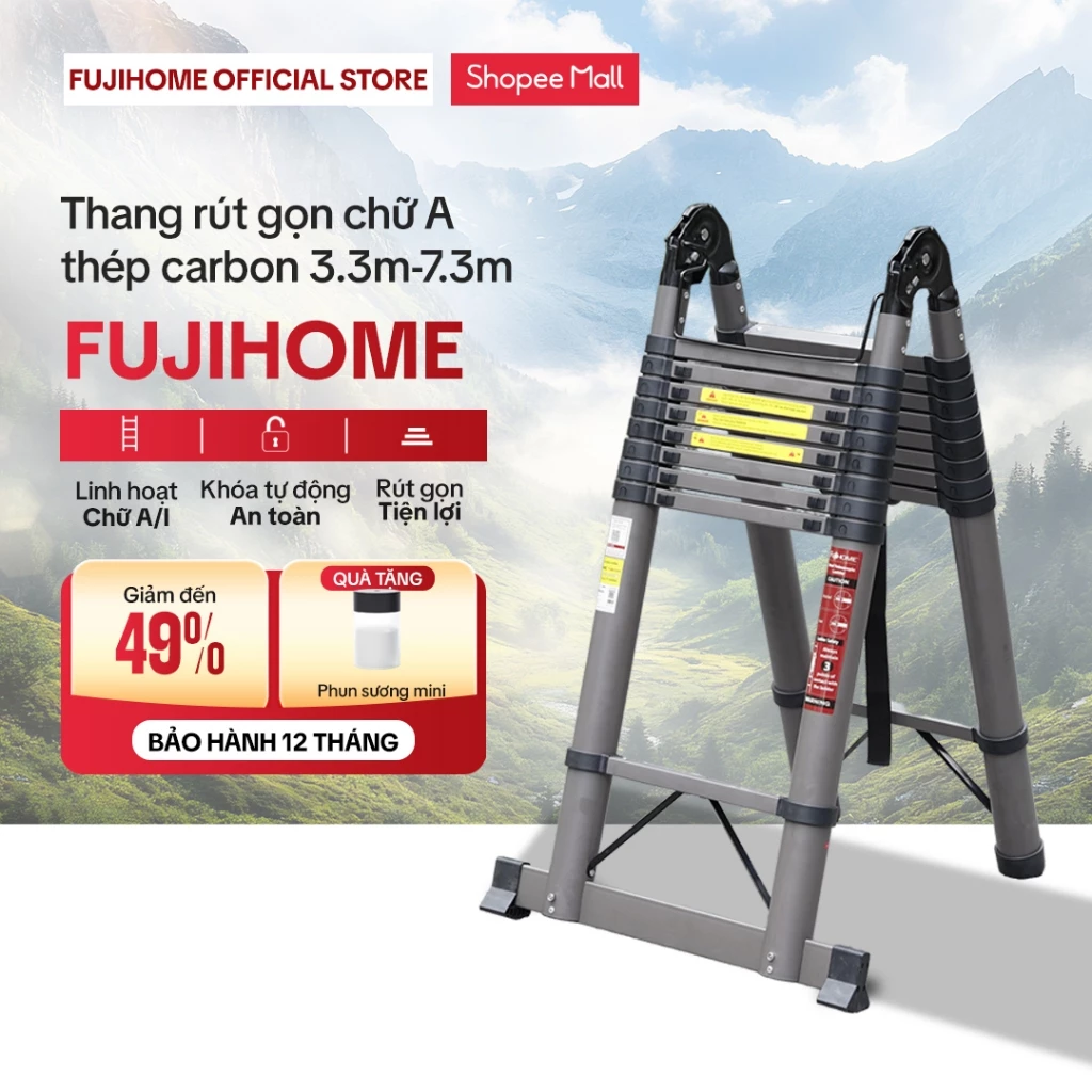 Thang rút chữ A 3,3 - 7,3m Nhập Khẩu FUJIHOME thép carbon chống gỉ tải 150kg,thang rút đôi chống trượt thợ điện gia đình