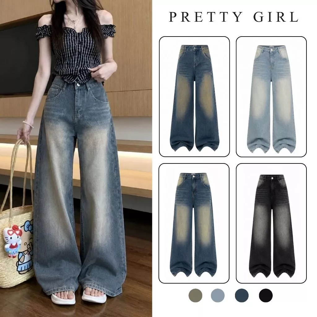 Quần Jean Nữ Ống Rộng Xanh Wash Vàng, Quần Jean Nữ Wash Vàng Pretty Girl Cá Tính JNT