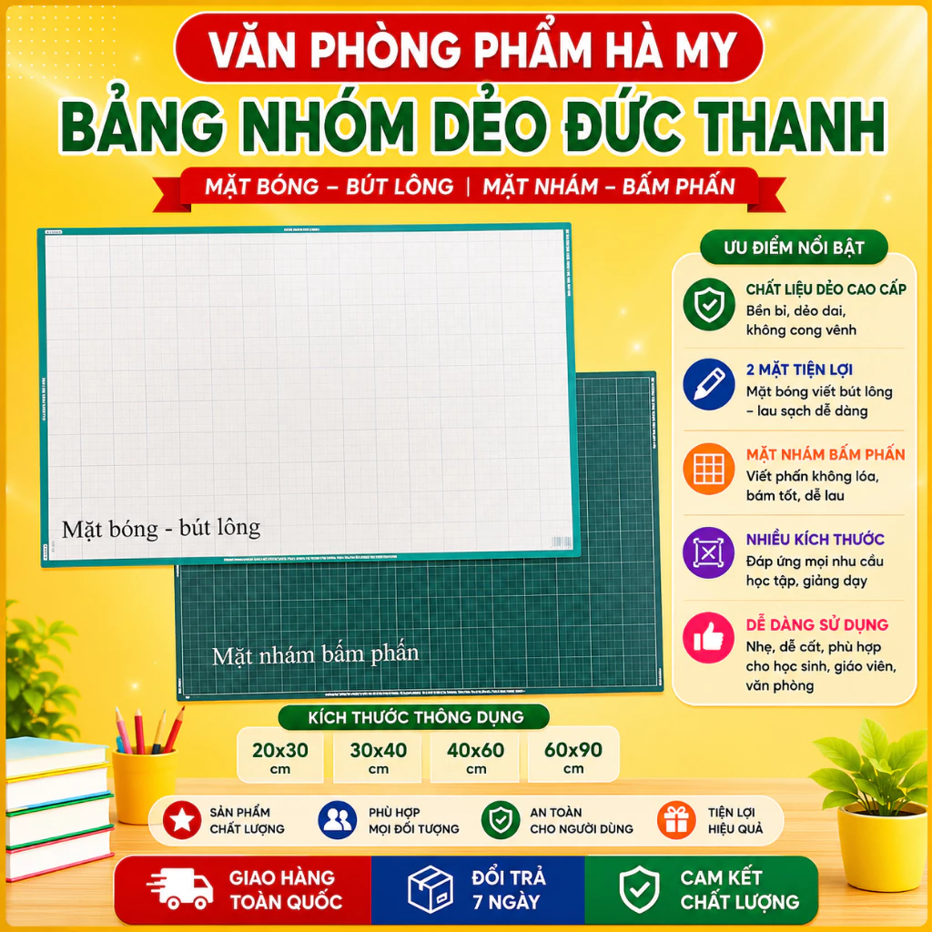 Bảng Dẻo Học Sinh - Bảng Nhóm 2 Mặt Viết Phấn Và Viết Bút Lông Loại Ngang