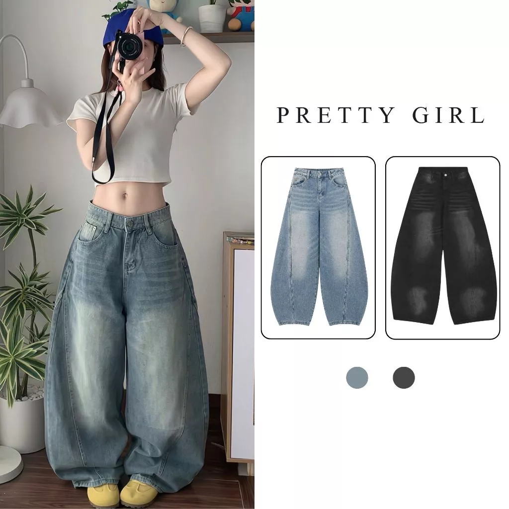 Quần jeans ống cong Pretty Girl nam nữ form rộng màu xanh wash phong cách đường phố