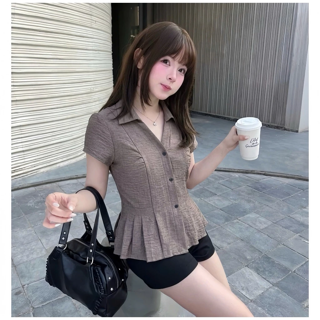 Áo sơ mi kiểu nữ SM468 Kozoda chất đũi hàn họa tiết buộc dây xếp ly tiểu thư ngắn tay form vừa thời trang nữ Hàn Quốc