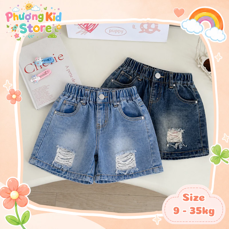 [A22] Quần sooc bò rách cho bé gái, bé trai quần short jean dáng rộng phong cách Hàn Quốc năng động dễ phối đồ 9-35kg