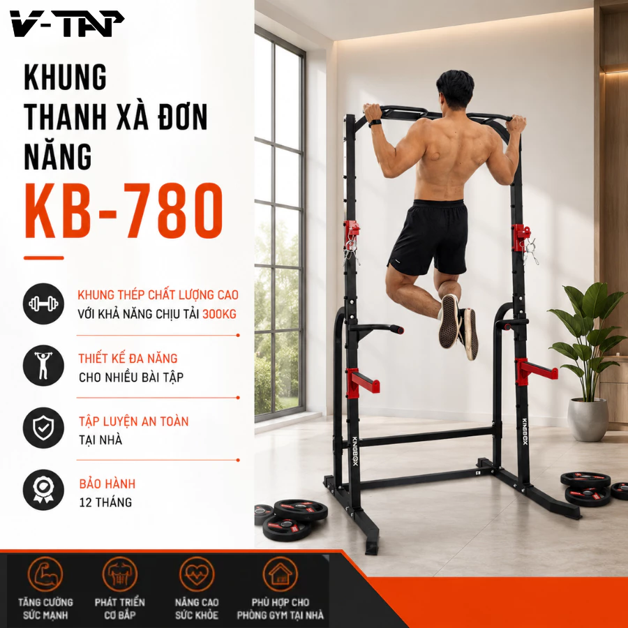 Khung Xà Đơn Đa Năng KB-780 Chịu Tải 300kg, Giàn Tạ Đa Năng Khung Thép Hộp 5*5cm dày 1.5mm Cao 2m20