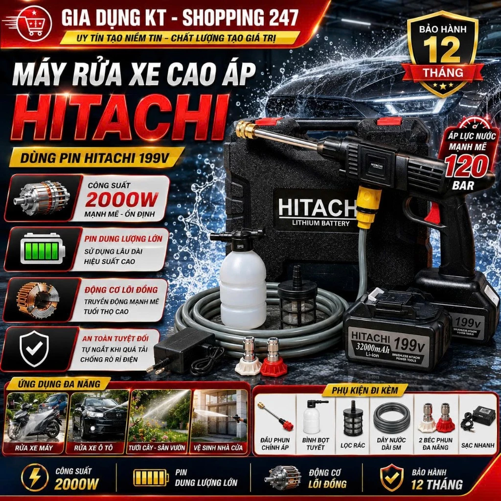 Máy rửa xe HITACHI chính hãng - Máy xịt rửa xe mini cầm tay 2 Pin 199v công suất lớn - Máy xịt rửa xe, sân vườn tiện lợi