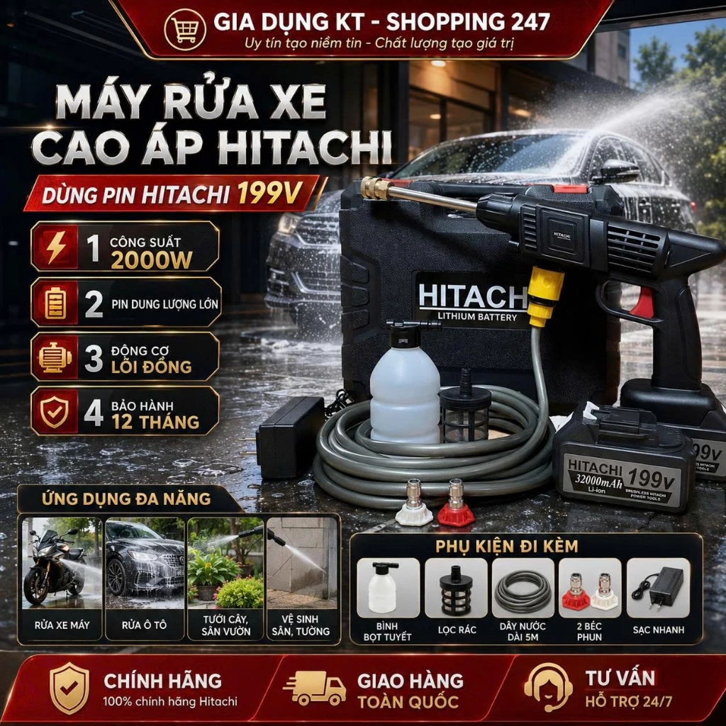 Máy rửa xe HITACHI chính hãng - Máy xịt rửa xe mini 2 Pin 199v công suất lớn, Máy xịt rửa xe, sân vườn áp lực cao