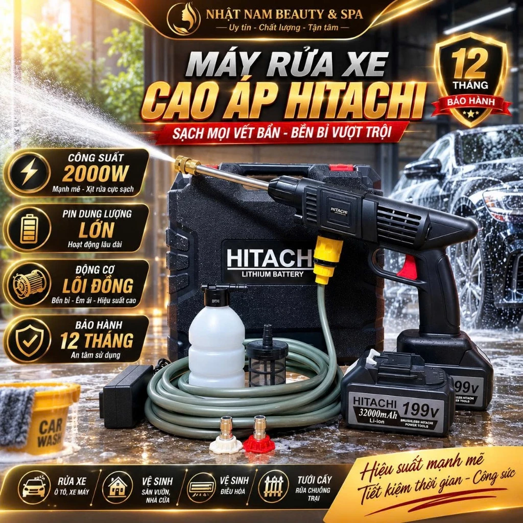 Máy Rửa Xe Cao Áp HITACHI Chính Hãng - Máy Rửa Xe Cầm Tay Dùng Pin 199v Công Suất Lớn, Xịt Rửa Xe, Sân Vườn Tiện Lợi