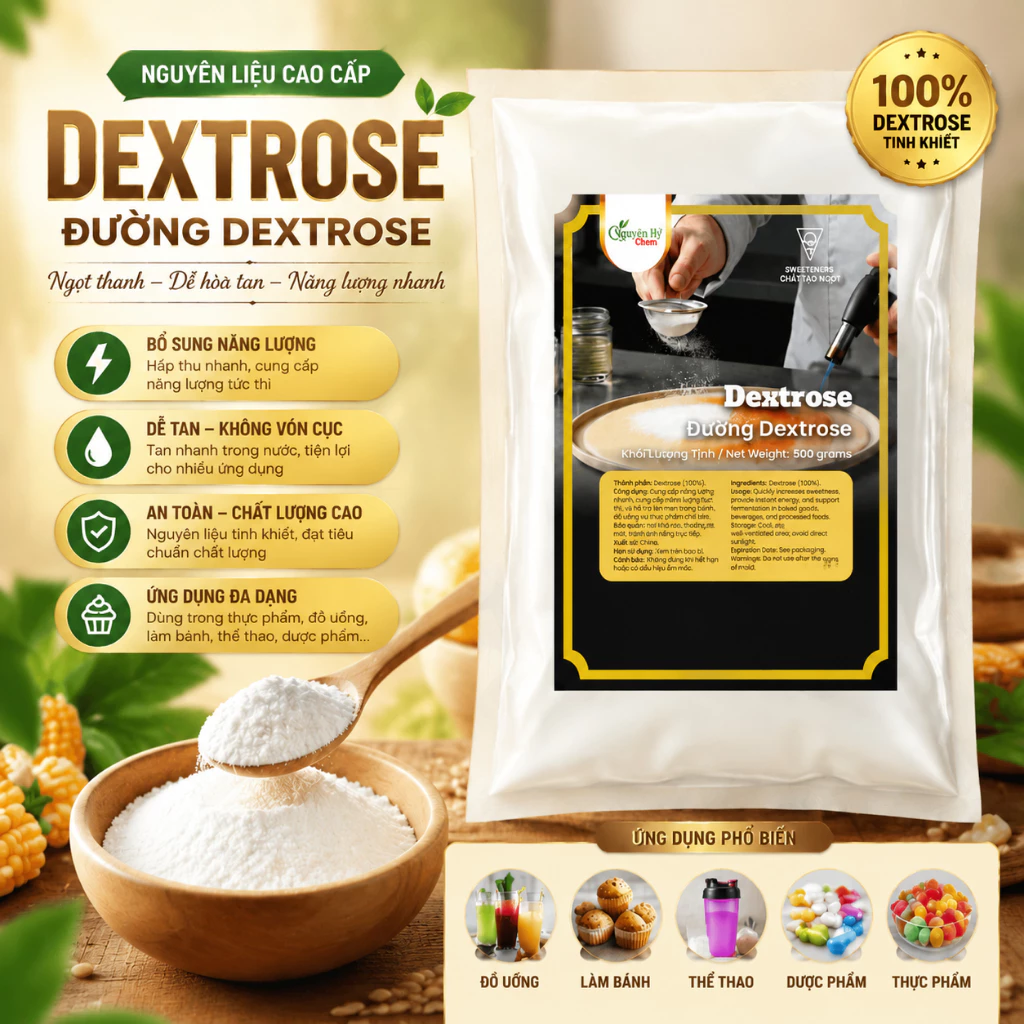 Đường Dextrose 500g (đường bột) dùng làm xúc xích, bánh mì, giò chả, kem,....