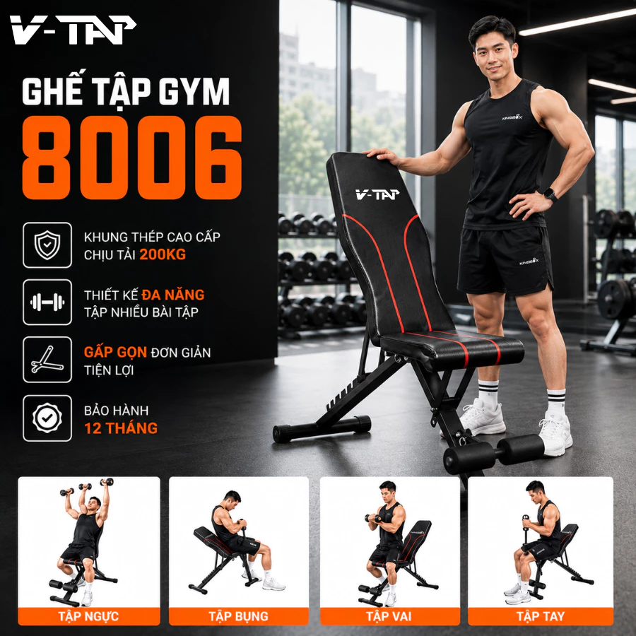 Ghế Tập Gym Tại Nhà V-Tap 8006 Điều Chỉnh Đa Năng, Ghế Tập Tạ Gấp Gọn Chịu Tải 200kg