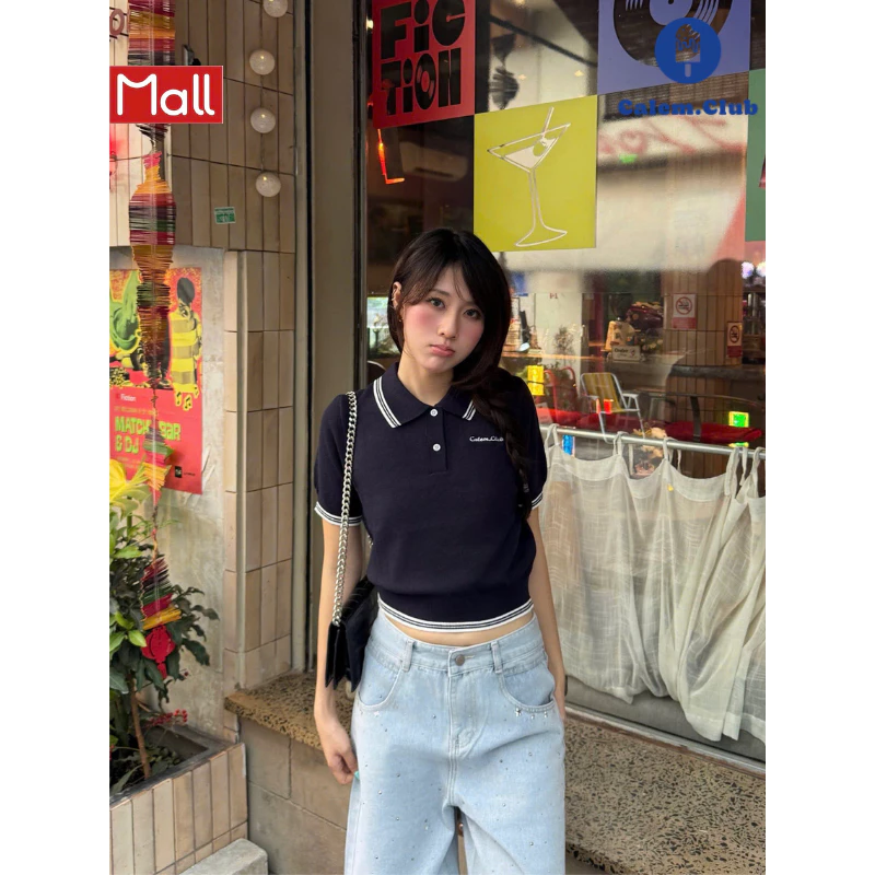 Calem.Club – Áo Polo Len Dệt Kim Viền Sọc tay ngắn cổ bẻ  phong cách preppy nữ tính