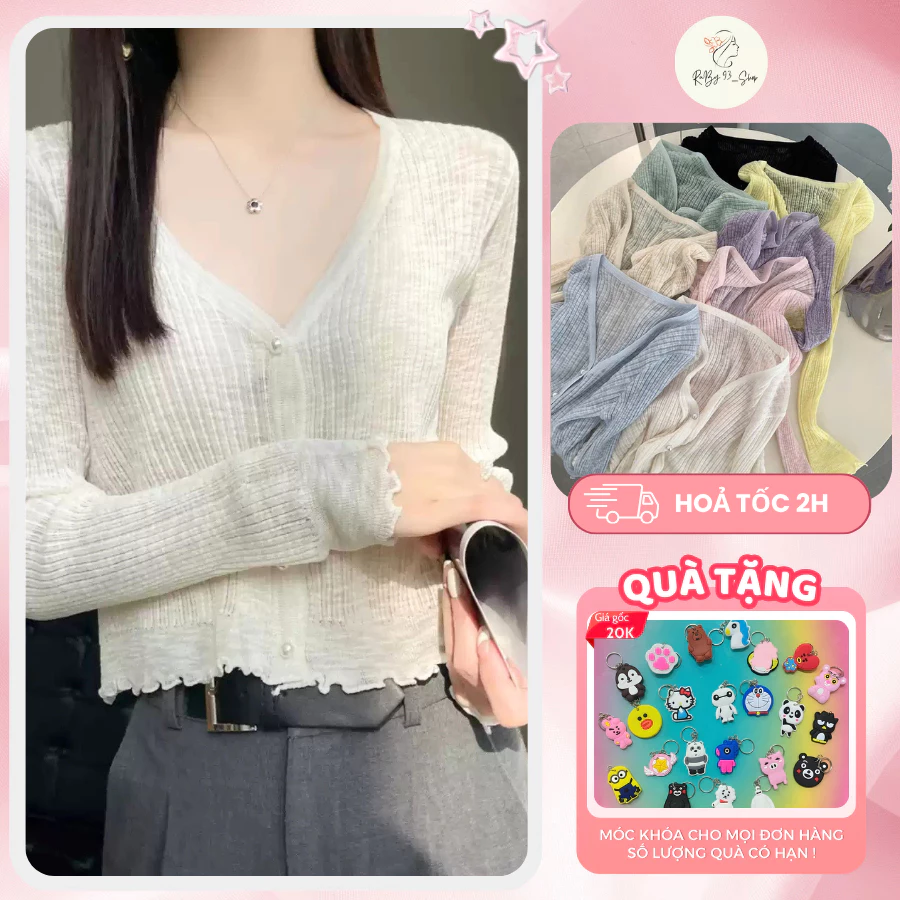 Áo Cardigan Mỏng Nữ, Áo Khoác Cardigan Cúc Ngọc Viền Bèo Sóng Co Giãn Dễ Phối Đi Chơi Đi Làm
