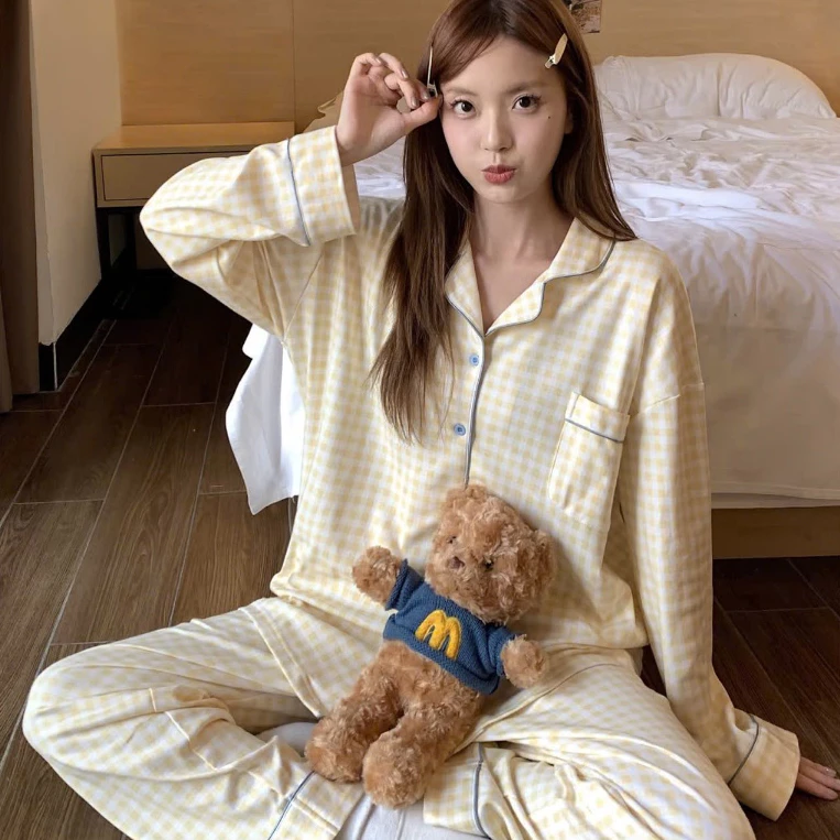 Bộ pijama nữ Miuna kẻ caro màu vàng, Đồ ngủ nữ dài tay thoải mái mặc ở nhà - ST19