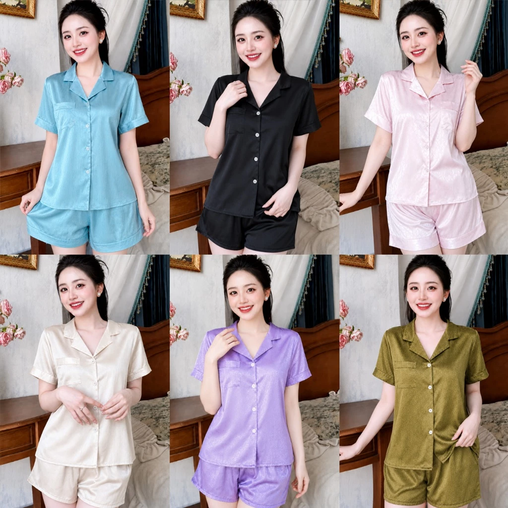 Bộ đồ ngủ pijama nữ tay ngắn, quần đùi lụa xước anh kim B28