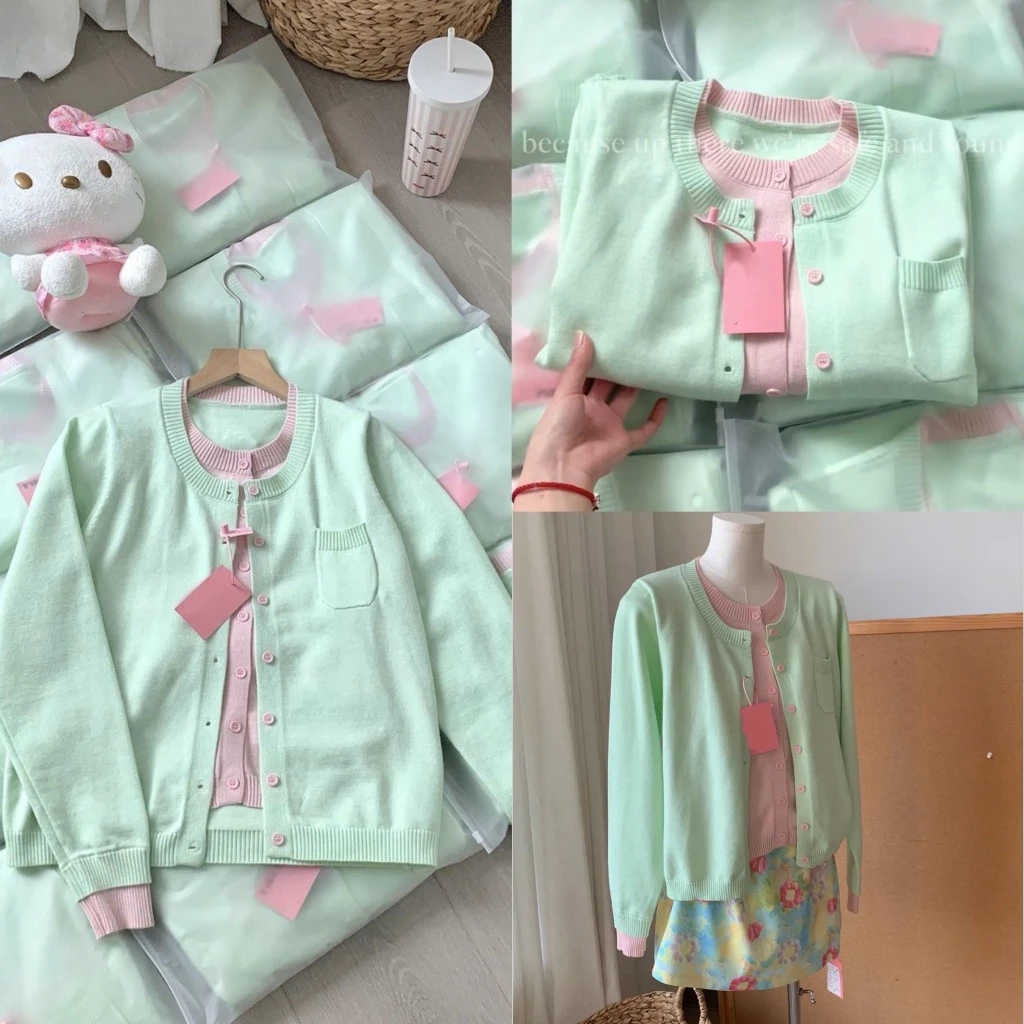 Áo khoác len cardigan layer xanh hồng trơn túi ngực CDG017- TikTik