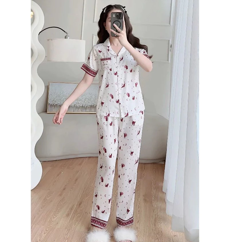 Bộ pyjama nữ Clover bộ lụa mặc nhà tay cộc quần dài họa tiết mèo thanh lịch