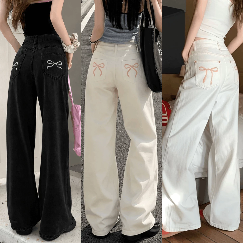 Quần Suông Kaki Thêu Nơ Trắng Đen Lưng Cao Ôm Eo Form Suông Ống Rộng Quần Jean Suông Nữ Dáng Dài Q03