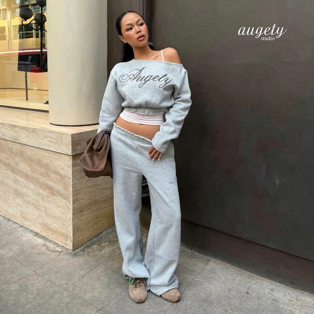 Set Áo Sweater Nỉ Croptop Thêu Chữ Và Quần Nỉ Dài Ống Rộng Augety Studio COSIE Set Sweater & Pants