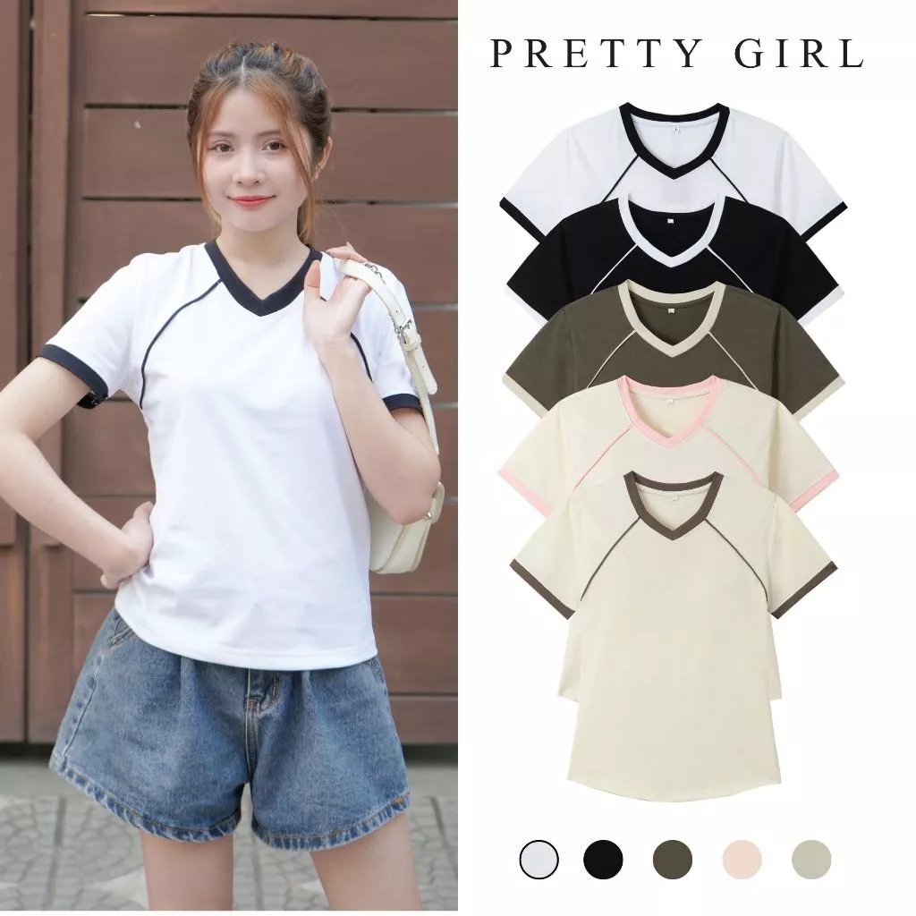 Áo Thun BaBytee 02 Nữ Cổ Chữ V Pretty Girl Phong Cách Đơn Giản Basic Mùa Hè