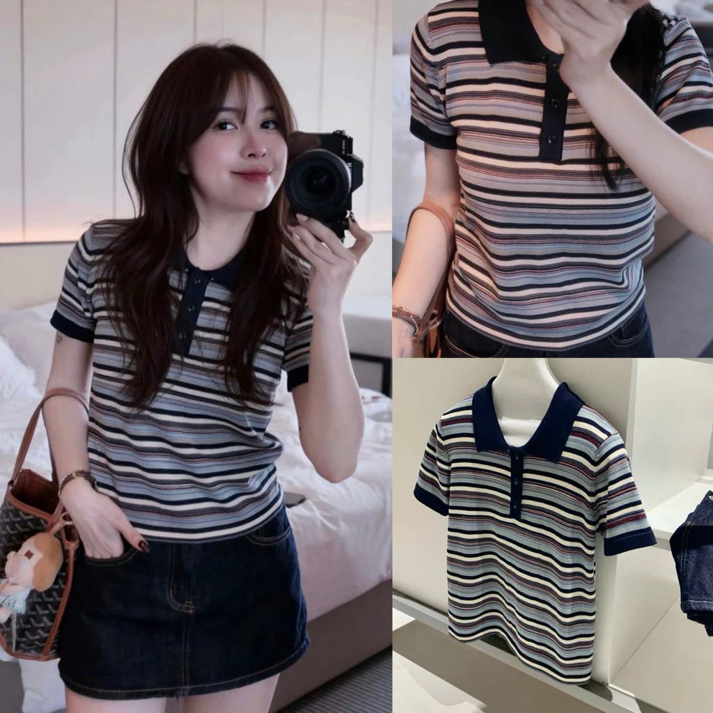 [Hàng QC] Áo len mongtoghi dệt kim cổ bẻ cộc tay kẻ ngang phối cổ xanh navy Stripped Polo