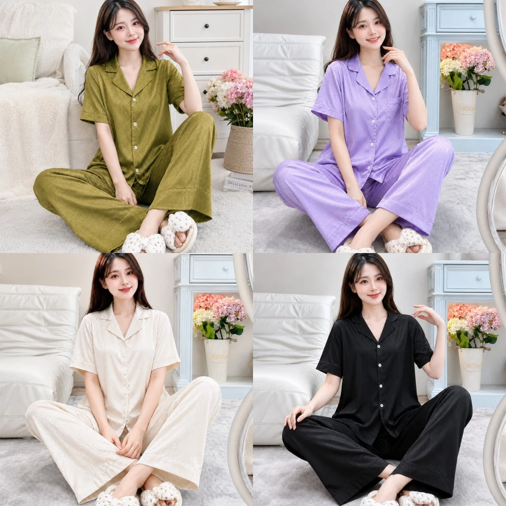 Bộ đồ ngủ pijama nữ tay ngắn, quần dài lụa xước anh kim B28