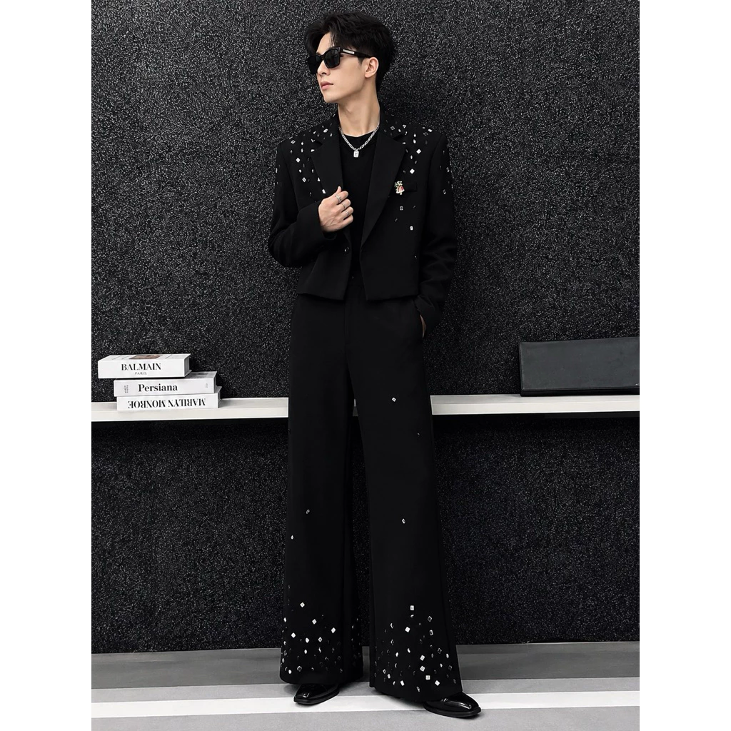 Bộ Vest Nam Nữ Đính Sequin Áo Blazer Quần Suông Phong Cách Dự Tiệc Biểu Diễn Thời Trang