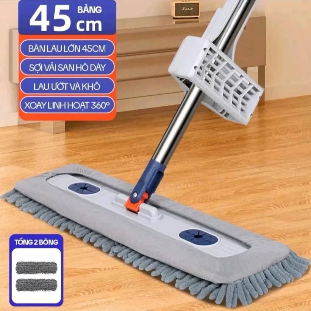 (LỖI 1 ĐỔI 1) Cây Lau Nhà Tự Vắt Sợi Microfiber 45cm Siêu Thấm Hút, Chổi Lau Nhà Tự Vắt Thông Minh Xoay 360 Độ
