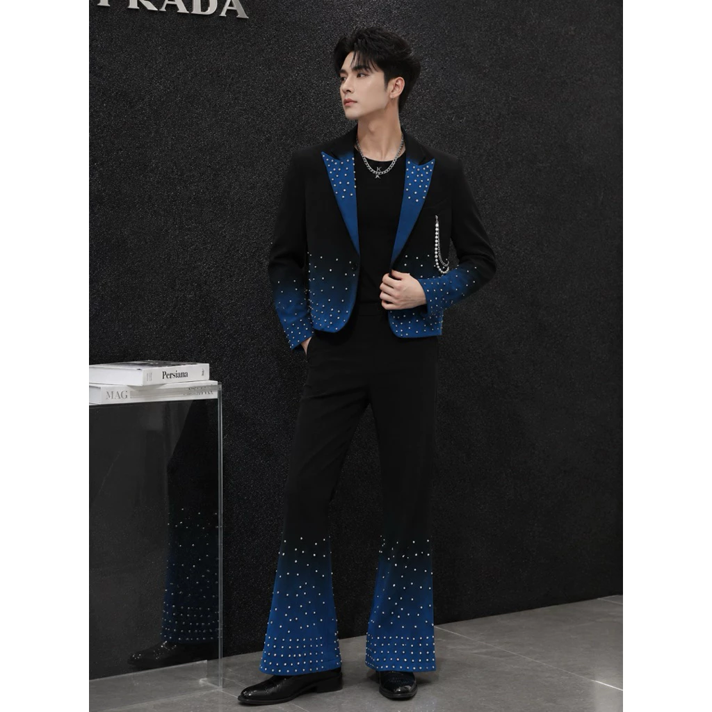 Bộ Vest Nam Nữ Phối Xanh Đính Hạt Áo Blazer Quần Tây Ống Loe Phong Cách Biểu Diễn Dự Tiệc