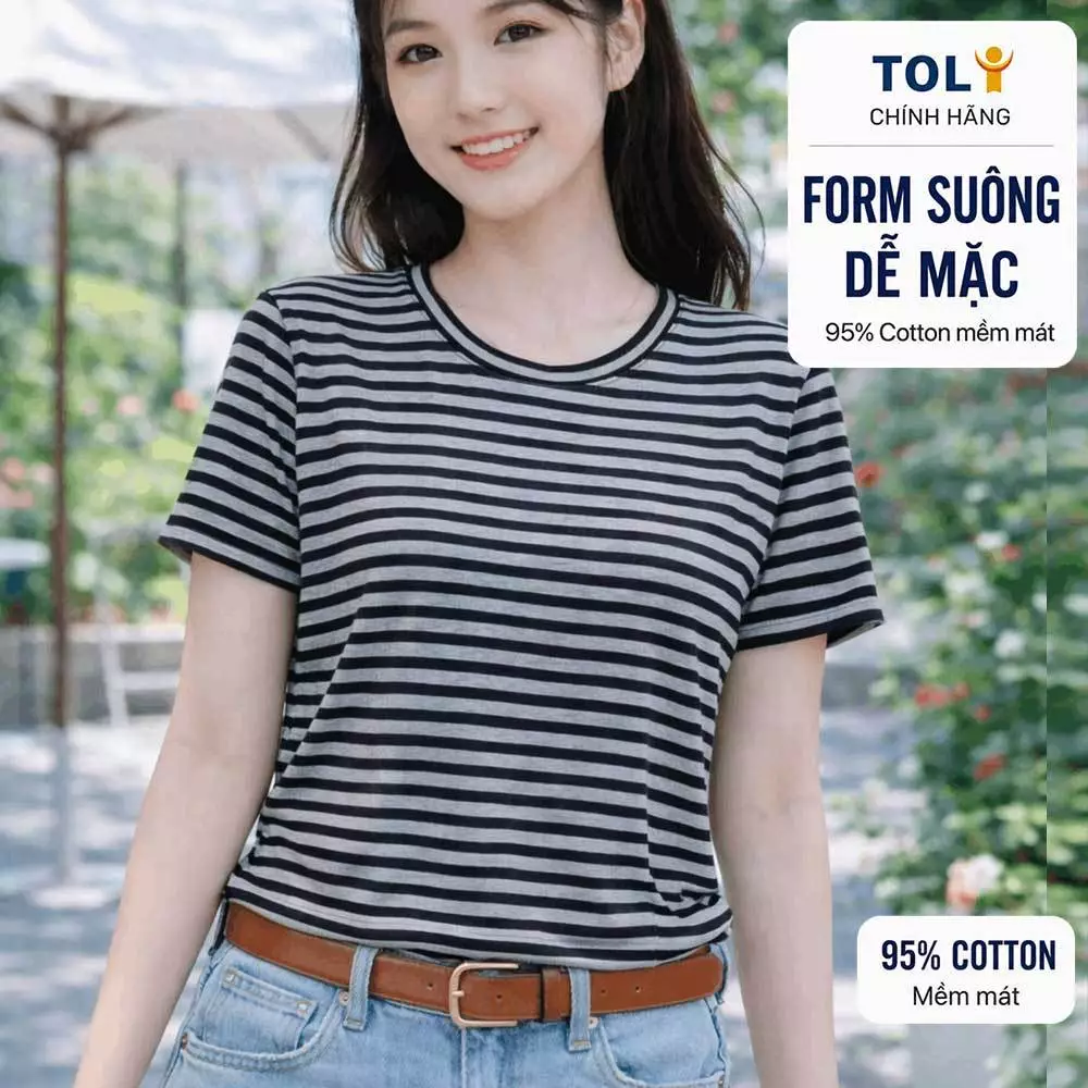 Áo thun nữ cổ tròn sọc ngang TOLI BSB18 – Cotton mềm, form suông gọn dáng, dễ phối mặc mỗi ngày