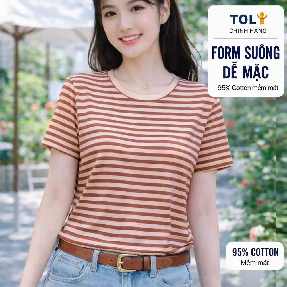 Áo thun nữ cổ tròn sọc ngang TOLI BSB30 – Cotton mềm, form suông gọn dáng, dễ phối mặc mỗi ngày