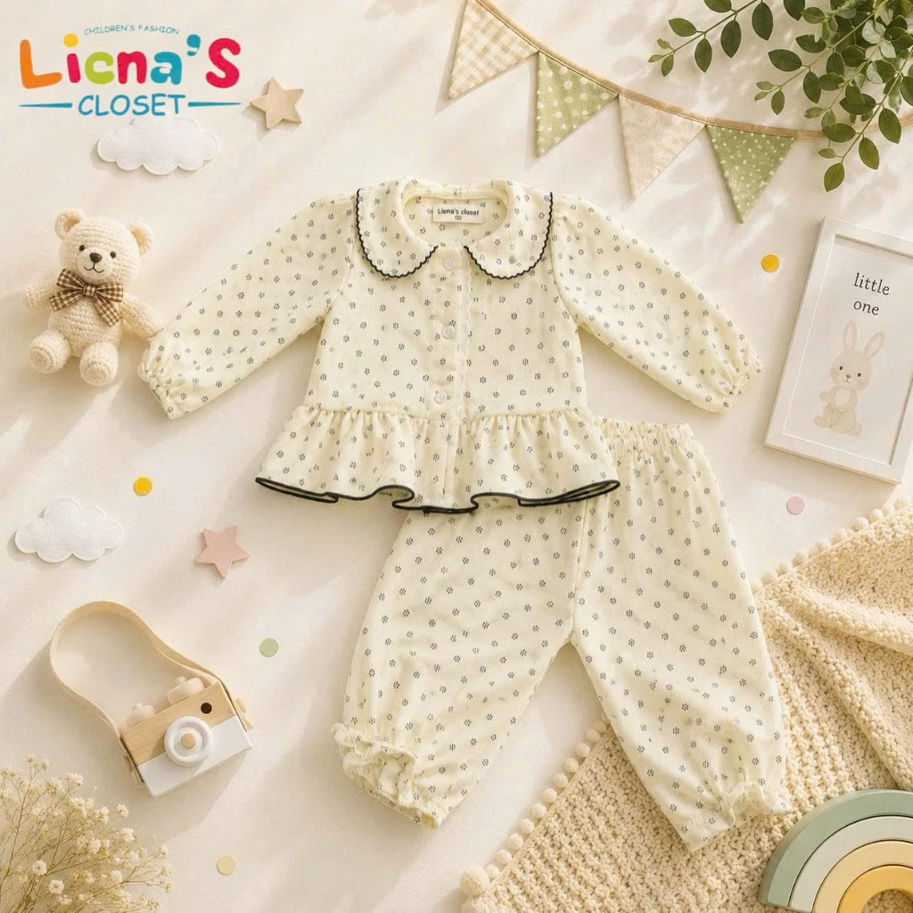 Bộ Dài Tay Bé Gái Vải Đũi Hoa Nhí Vintage Cổ Sen,Pijama Bé Gái Dáng Tiểu Thư Mềm Mại Dễ Chịu
