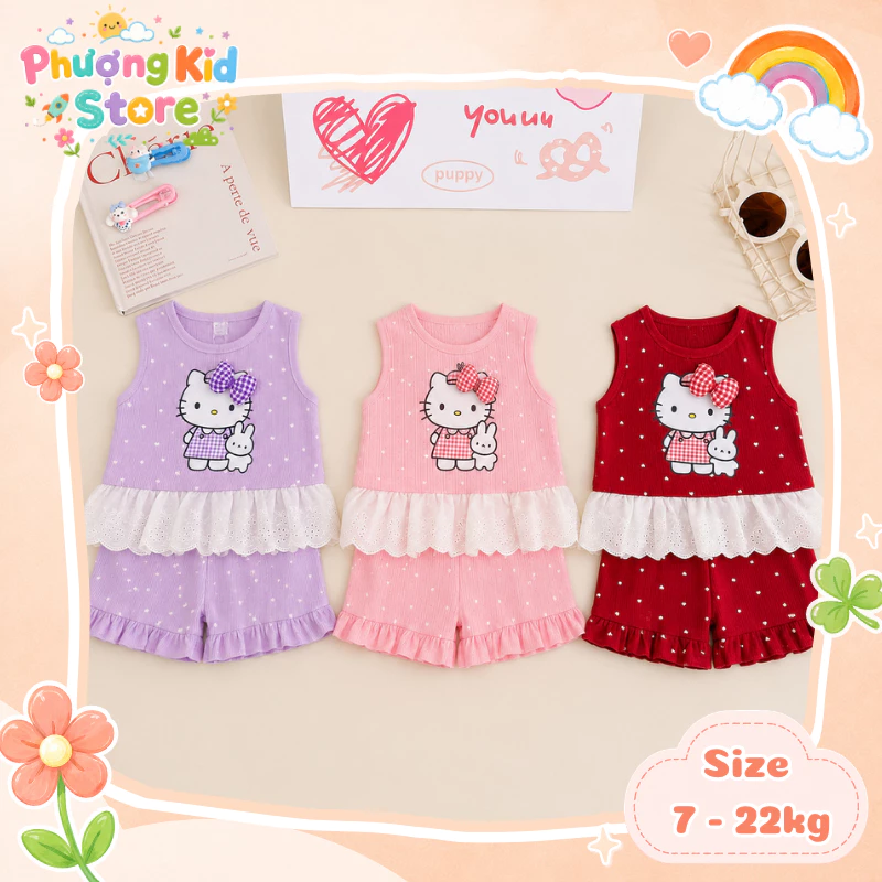 [A47] Bộ nhí Hello Kitty bé gái, set áo sát nách phối ren quần short gân tăm mềm mát xinh xắn mùa hè cho bé 7 - 22kg