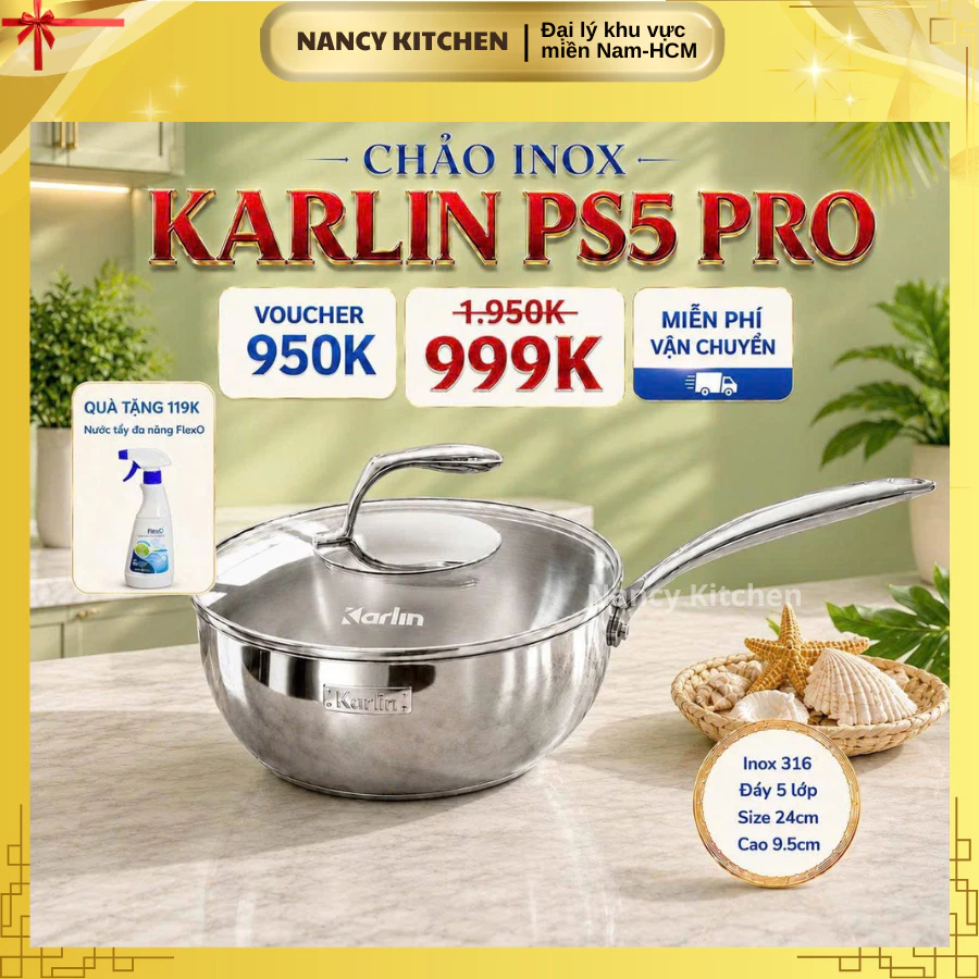 [Chính hãng] Chảo inox 316 Karlin PS5 PRO,size 24,đáy 5 lớp,3.4 lít,bảo hành 24 tháng,tặng nắp