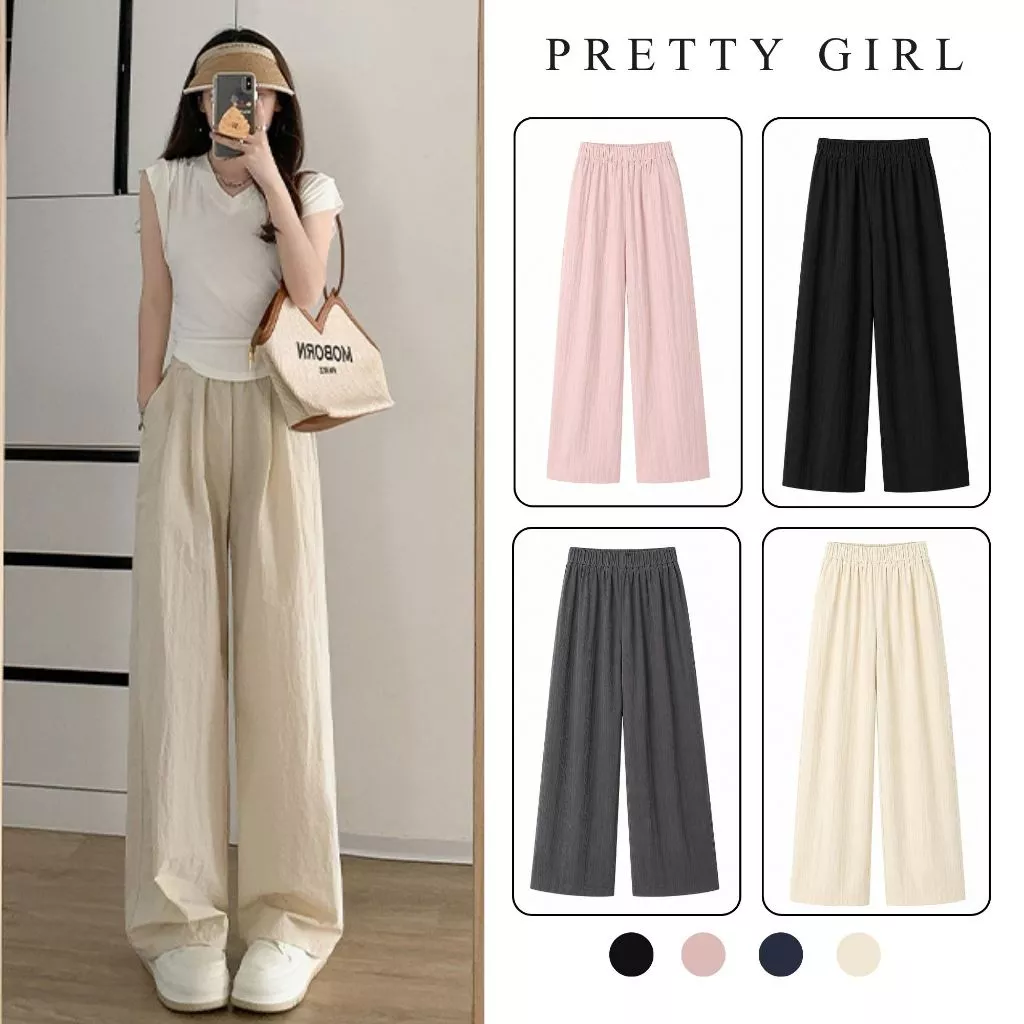 Quần Gió Nhăn Ống Rộng Nữ Pretty Girl Kiểu Quần Suông, Chất Gió Nhăn Mềm Mịn Siêu Mát QGN