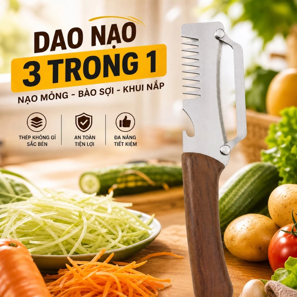 Dao Nạo Củ Quả 3 Trong 1 Dao Bào Sợi, Gọt Vỏ, Mở Nắp Chai Đa Năng Lưỡi Thép Không Gỉ Sắc Bén