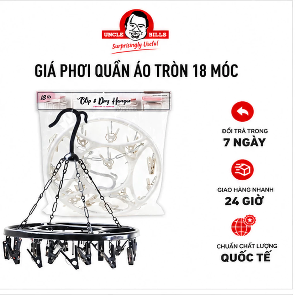 Giá Phơi Quần Áo Tròn 18 Kẹp Uncle Bills BL0246 - Móc Phơi Đồ Lót, Vớ, Khăn Cao Cấp