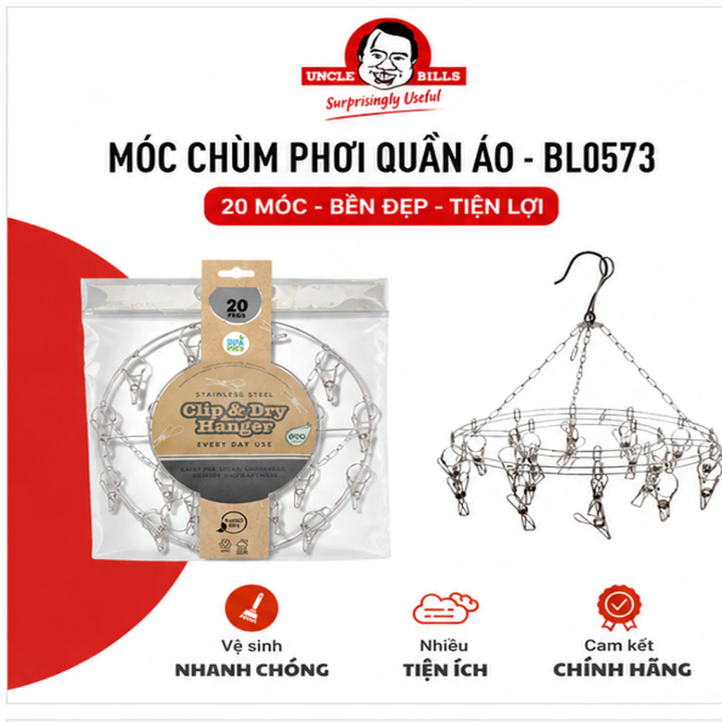 Móc Chùm Phơi Quần Áo Uncle Bills BL0573 20 Kẹp - Phơi Đồ Trẻ Em, Đồ Lót, Vớ Tiện Lợi