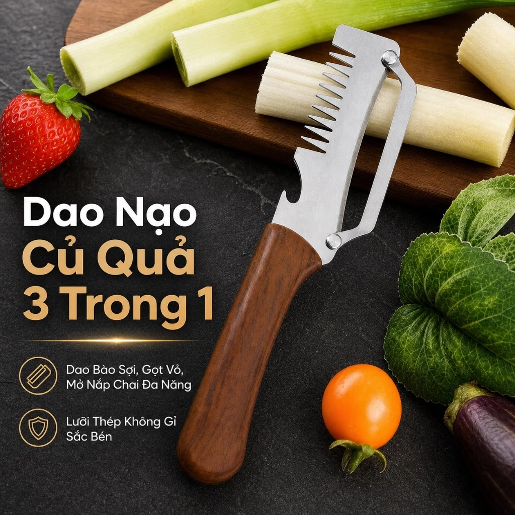 Dao Nạo Củ Quả 3 Trong 1 Dao Bào Sợi, Gọt Vỏ, Mở Nắp Chai Đa Năng Lưỡi Thép Không Gỉ Sắc Bén
