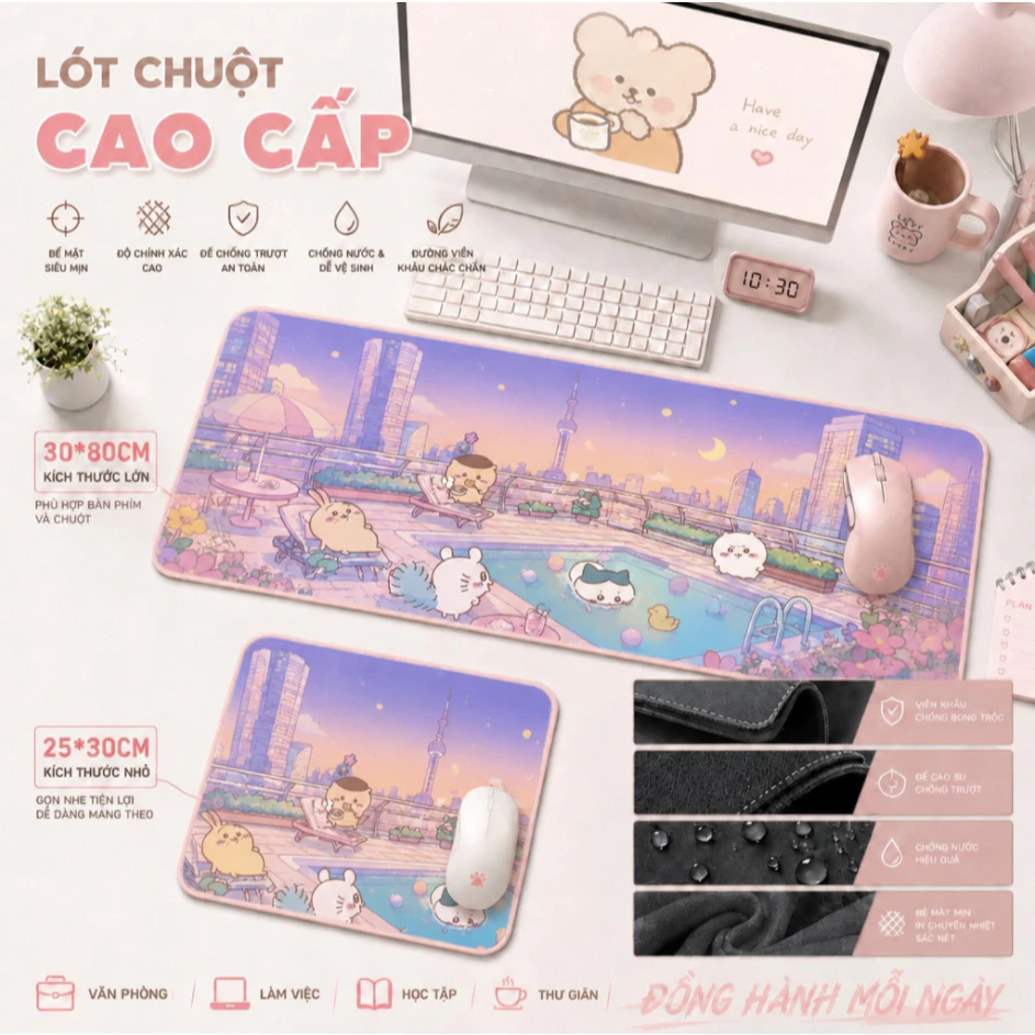 Thảm Lót Chuột Chiikawa 30x25-80x30, Usagi, Hachiware, Chống Trượt, Bề Mặt Mịn, Tặng Túi Đựng