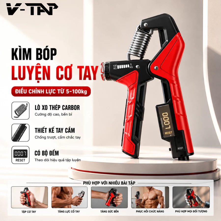 Kìm Bóp Tay Điều Chỉnh Lực 10-120kg Kèm Bộ Đếm Số Tập Cơ Tay (1 Đổi 1 Trong Vòng 7 Ngày)