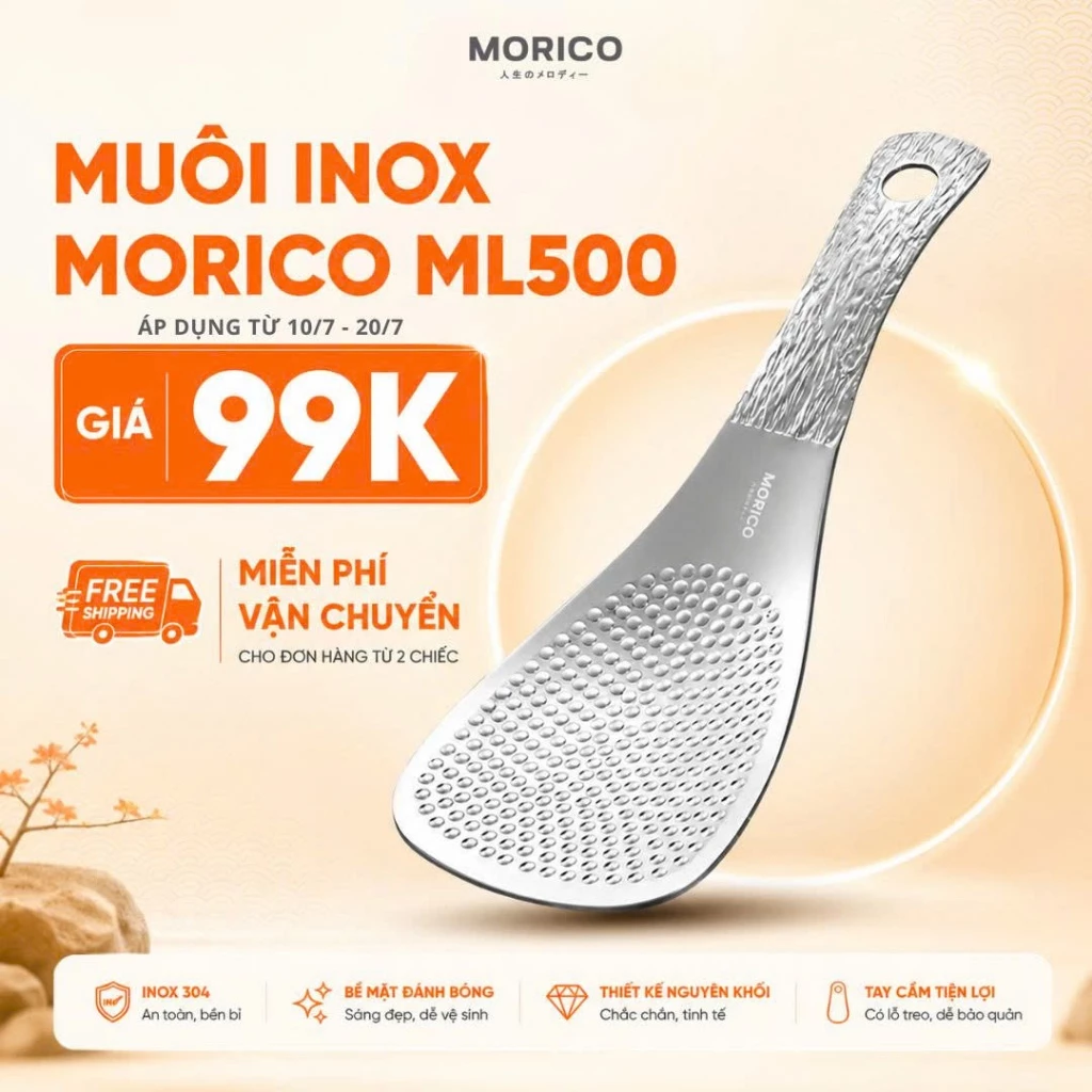 [Chính hãng] Muôi cơm inox Morico ML500,là inox 304,chống dính tự nhiên