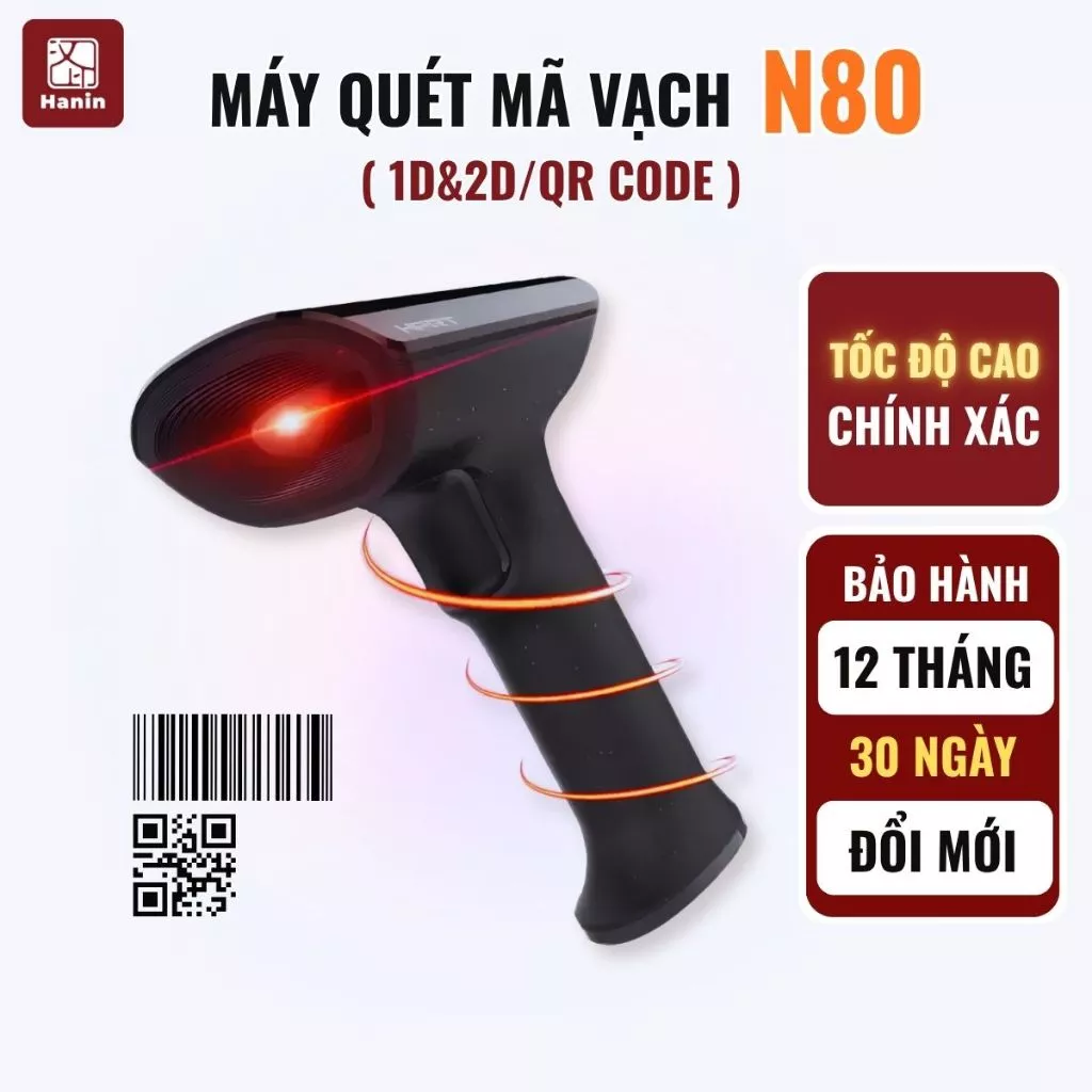 Máy Quét Mã Vạch 1D & 2D N80 Đầu Đọc Mã QR, Quét Trên Màn Hình & Giấy In, Bảo Hành 12 Tháng | Hanin