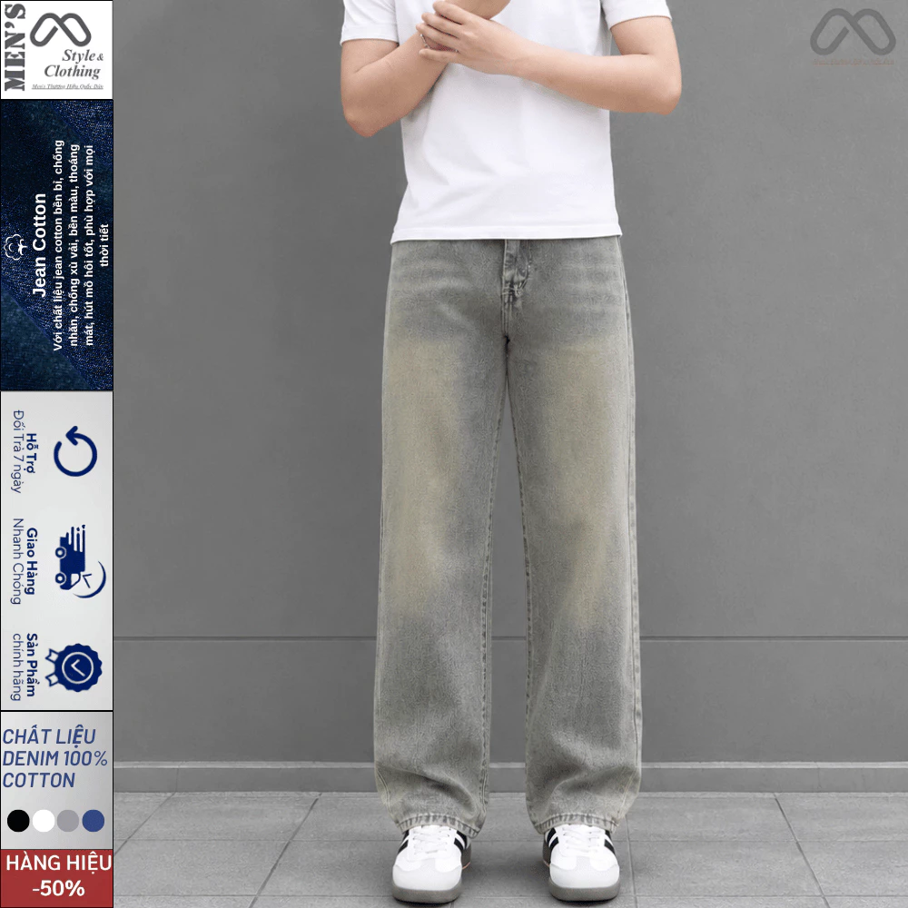Quần Jean Ống Rộng Nam Wash Vintage Cạp Cao Elmen, Quần Bò Nam Ống Suông Rộng Style Vintage Hàn Quốc JS05