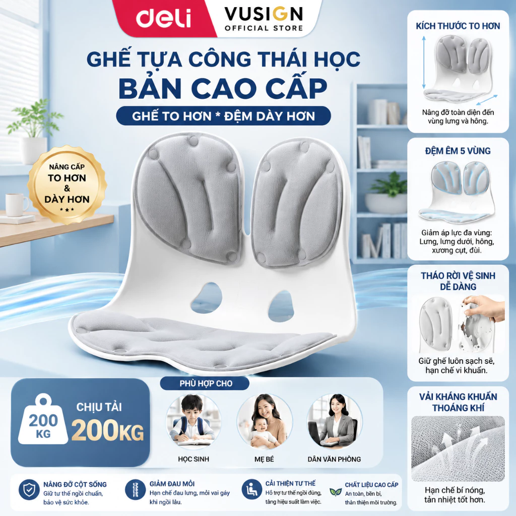 Ghế Tựa Công Thái Học Deli BẢN CAO CẤP ĐIỀU CHỈNH DÁNG LƯNG TƯ THẾ NGỒI MẸ BÉ VĂN PHÒNG