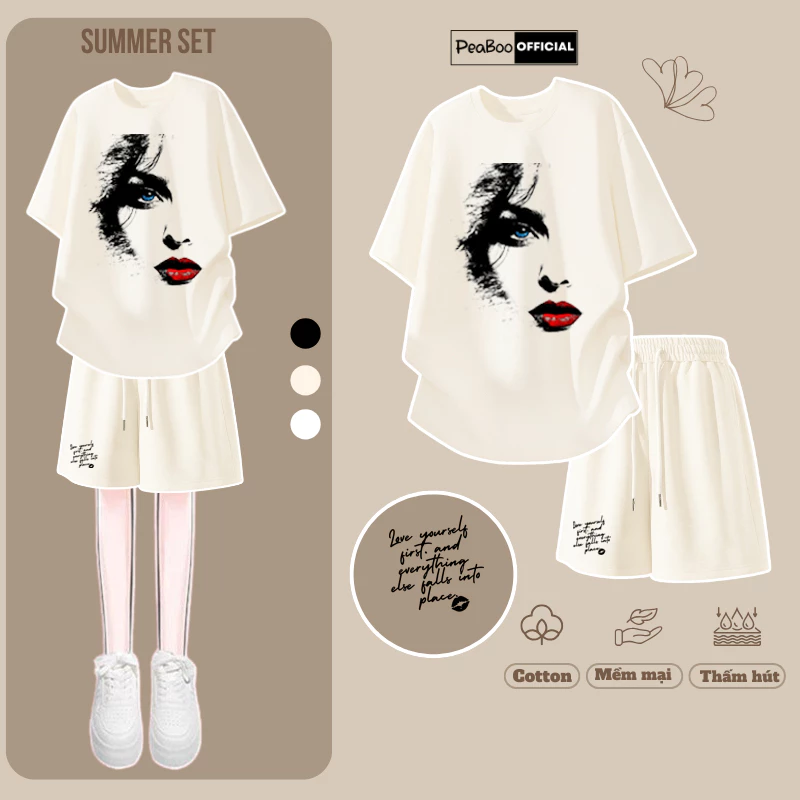 Set Đồ Nữ, Bộ Quần Áo Nam Nữ By PEABOO BST01 RedBow Chất Cotton Cổ Tròn Form Rộng Thoải Mái Dáng Thể Thao
