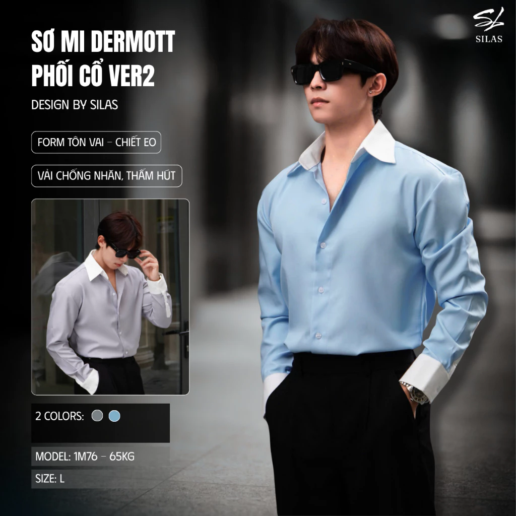 (Form Tôn Vai) Áo Sơ Mi SILAS Dermott Trơn Phối Cổ Version 2 Cotton Chéo Cổ Bẻ Chiết Eo - ASLH03