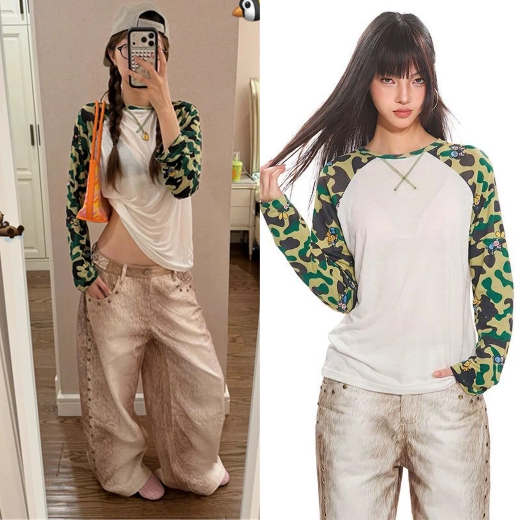 Áo thun dài tay màu trắng phối tay camo gấu dáng vừa cá tính - Tiktik