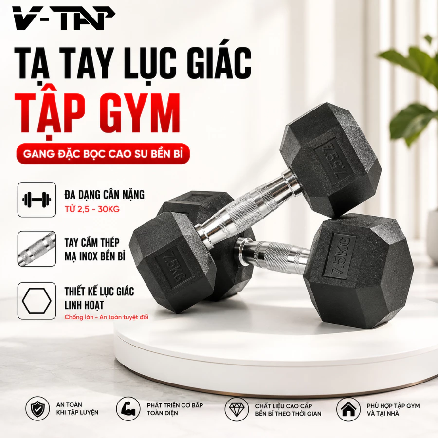 Tạ Tập Gym Tại Nhà Thiết Kế Lục Giác Chống Trơn Trượt, Chất Liệu Gang Bọc Cao Su Bền Bỉ (2,5-30Kg)