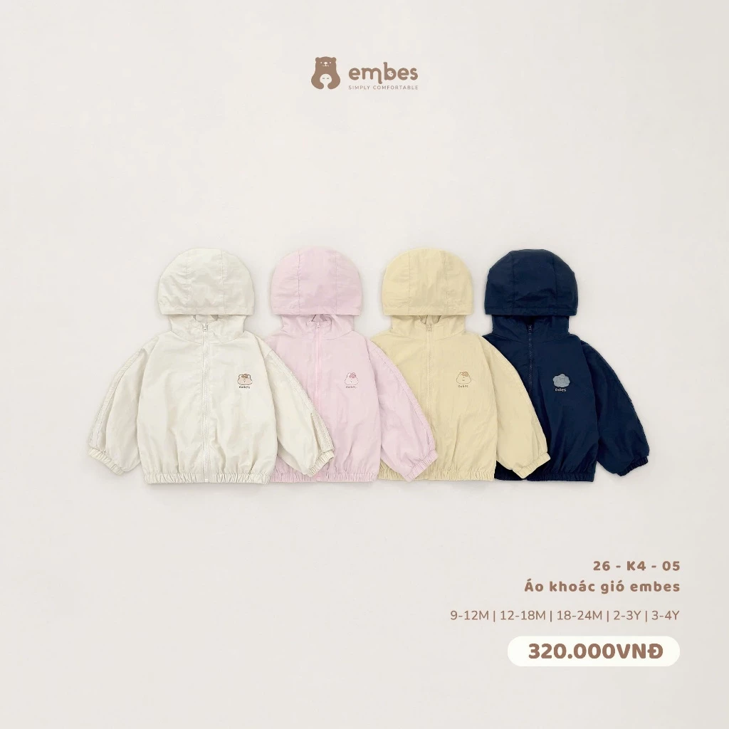 Áo Khoác Gió Embes, Áo Khoác Thu Đông 2 Lớp Chất Nylon Hình In Hoạ Tiết Cho Bé Trai Bé Gái Từ 8-18Kg